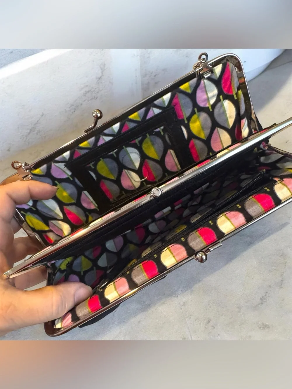 Vera Bradley Quilted Black Chain-Handle Clutch with Colorful Interior